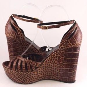 Casadei Brown Embossed Leather Wedge Sandal Sz 9